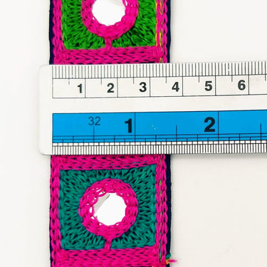 Indian Navy Blue Cotton Fabric Mirror Trim Embroidered in Pink, Yellow, Green and Cyan